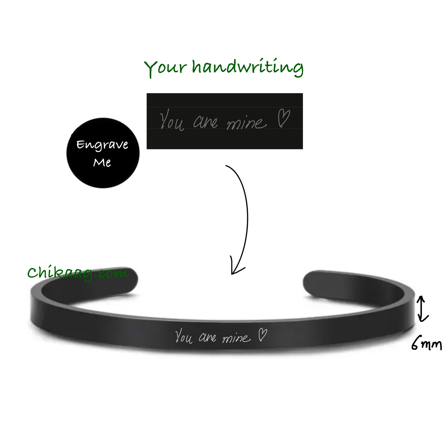 Custom handwritten note Cuff Bracelet - Black (6mm)