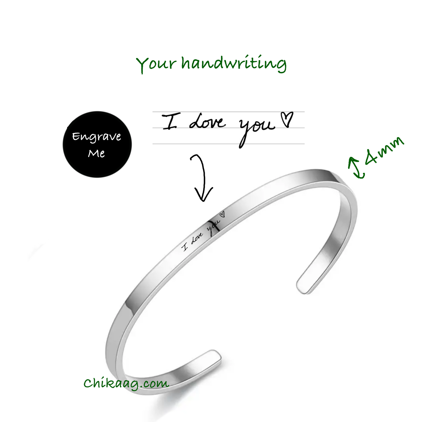 Custom handwritten note Cuff Bracelet - Silver (4mm)