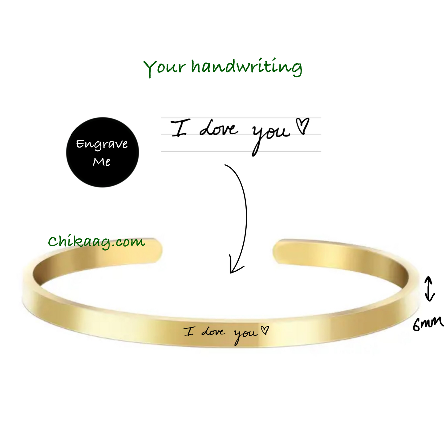 Custom handwritten note Cuff Bracelet - Gold (6mm)